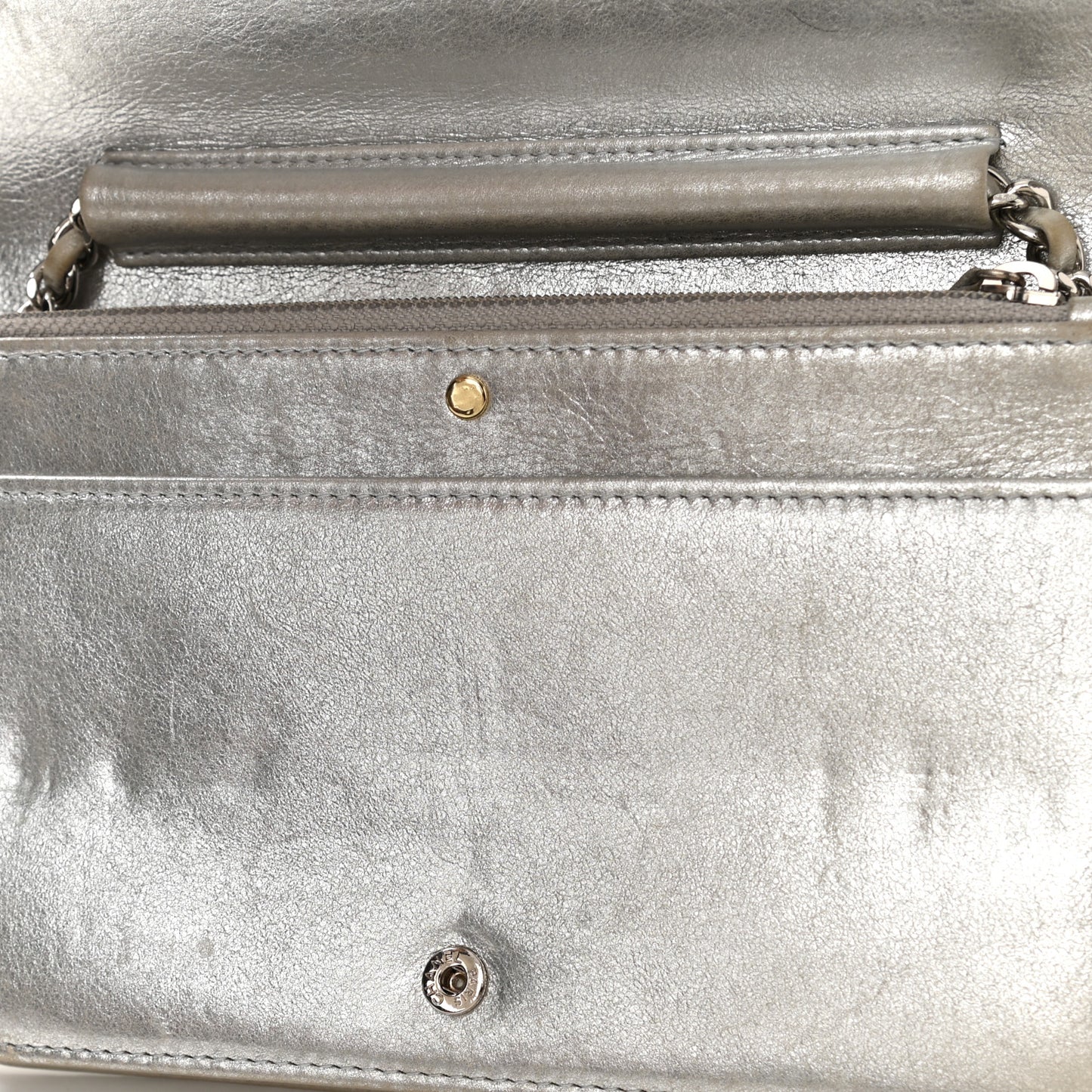 Metallic Lambskin Wallet on Chain WOC Silver