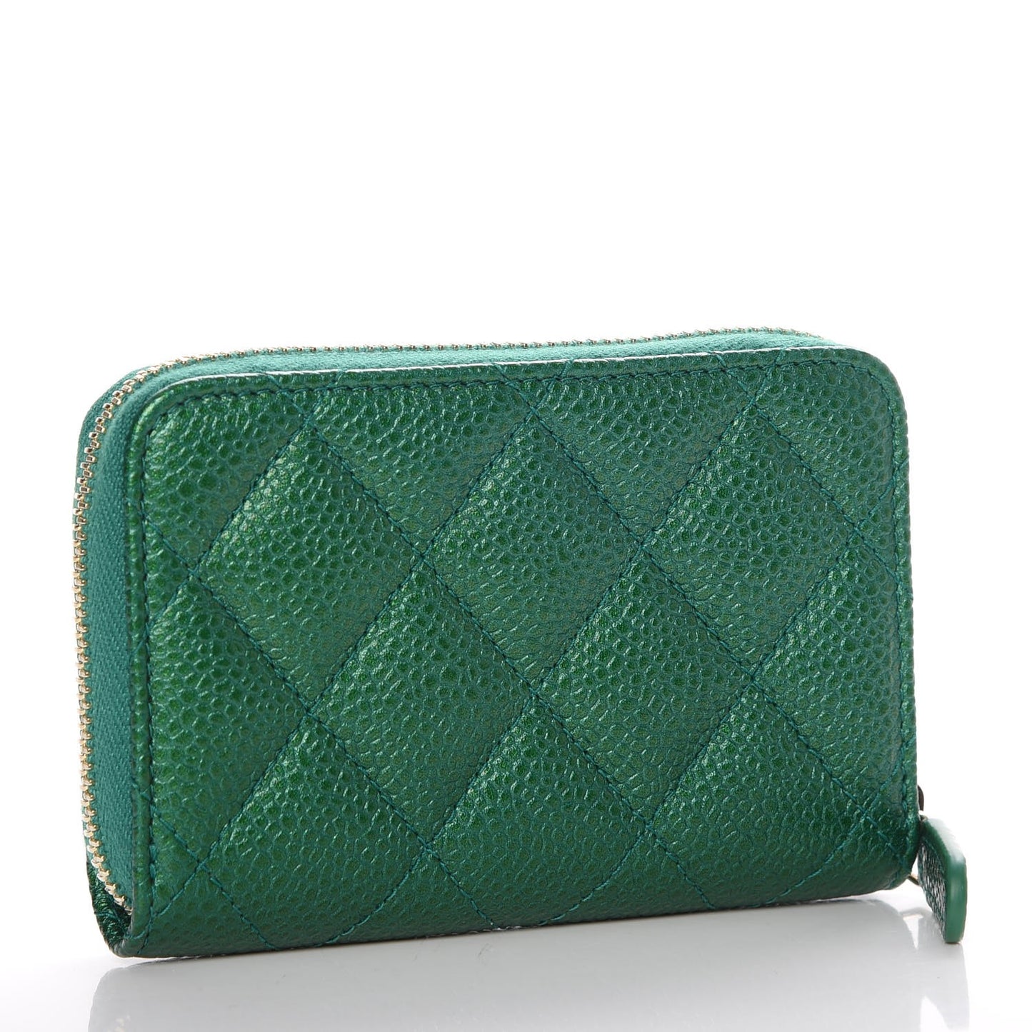 Metallic Caviar Quilted Zip Coin Purse Green