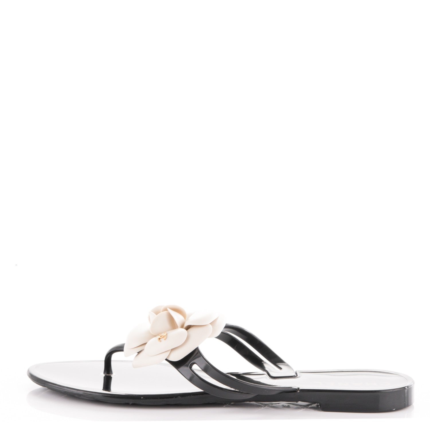 Chanel Jelly Camellia Thong Sandals 38 Black Ivory 1 of 7