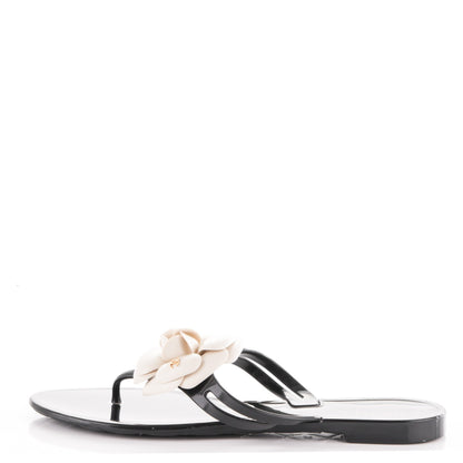Chanel Jelly Camellia Thong Sandals 38 Black Ivory 1 of 7