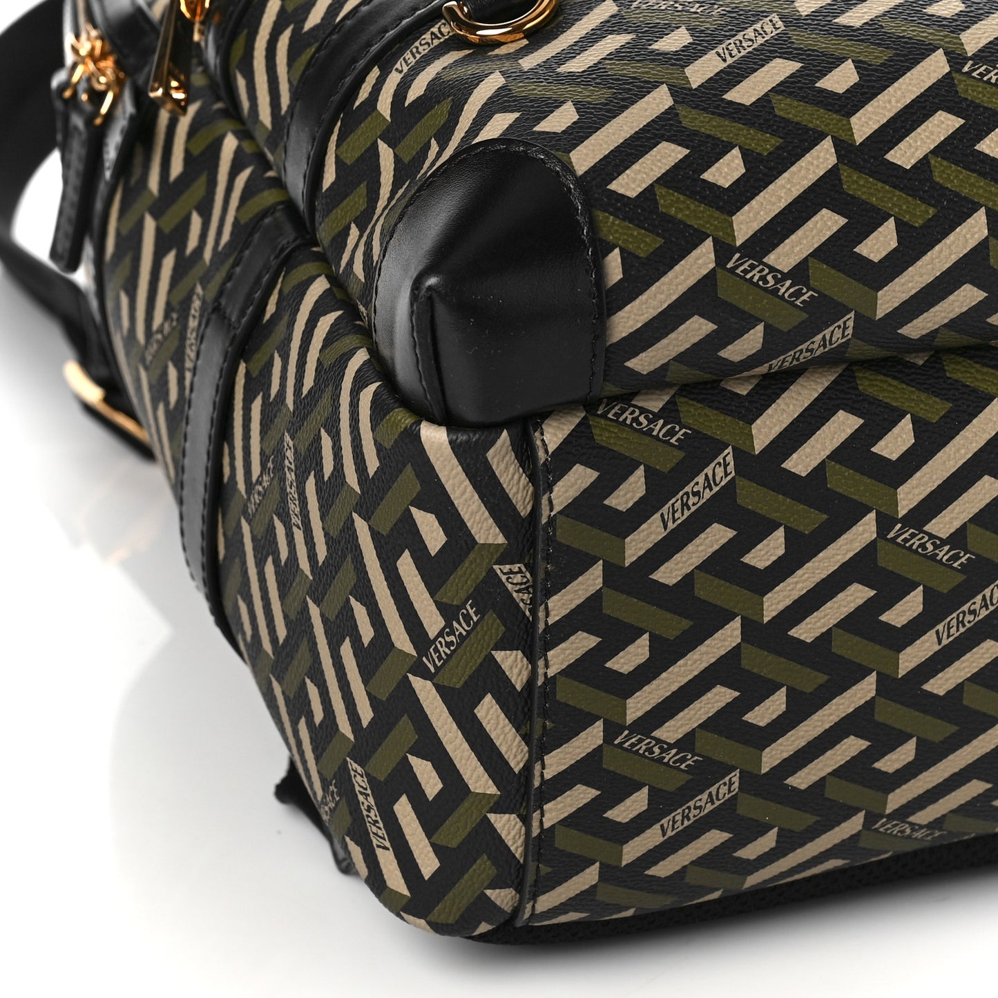 Coated Canvas Calfskin La Greca Signature Backpack Black Khaki