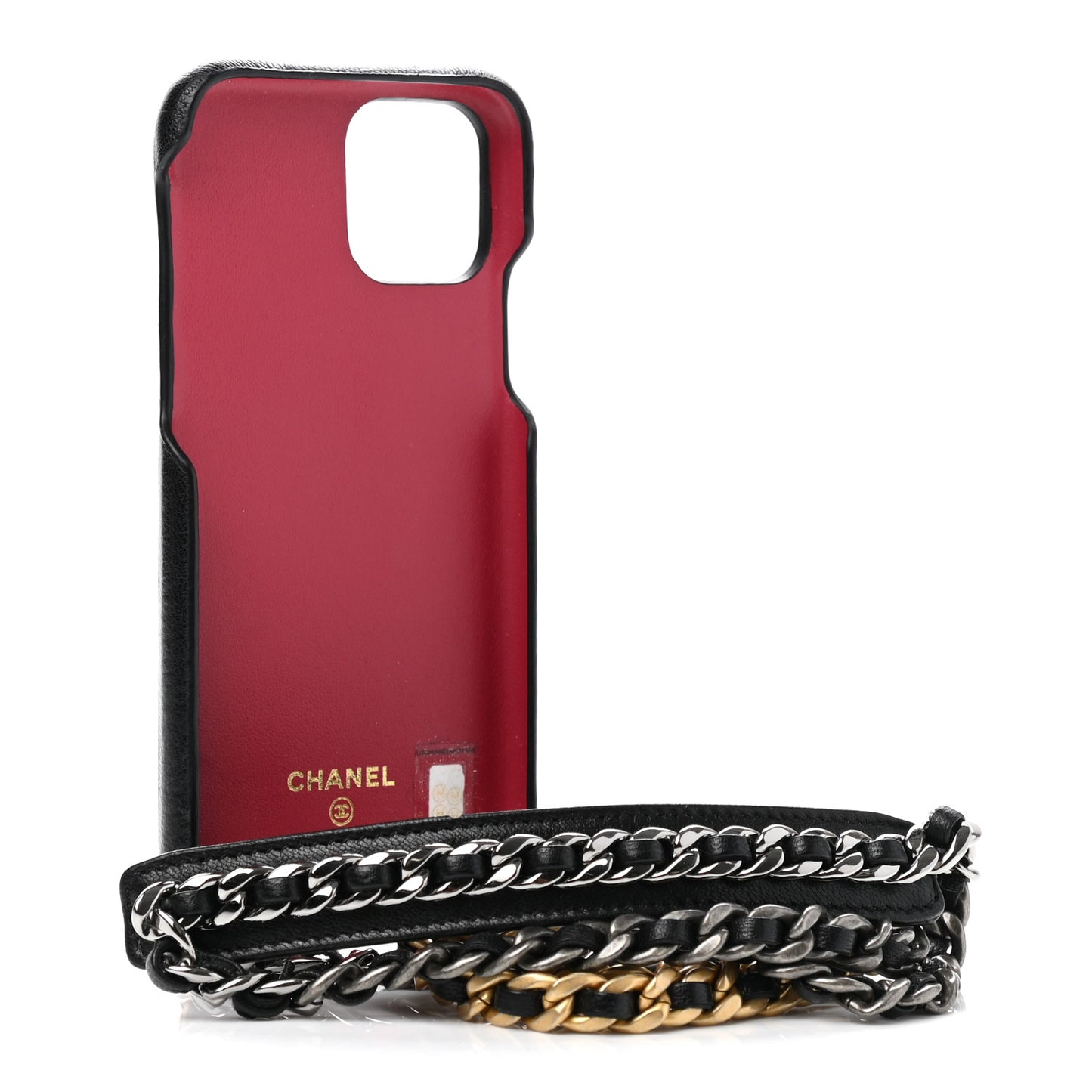 Shiny Goatskin Quilted 19 iPhone XI Pro Holder With Chain Black