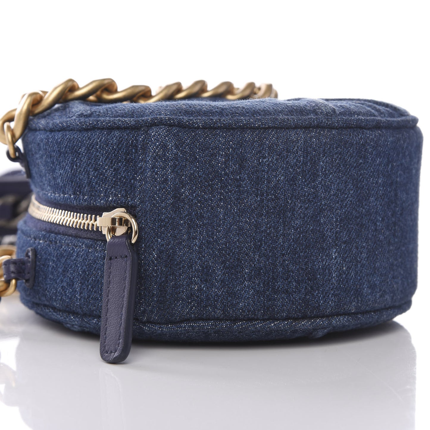 Denim Quilted Chanel 19 Round Clutch With Chain Blue