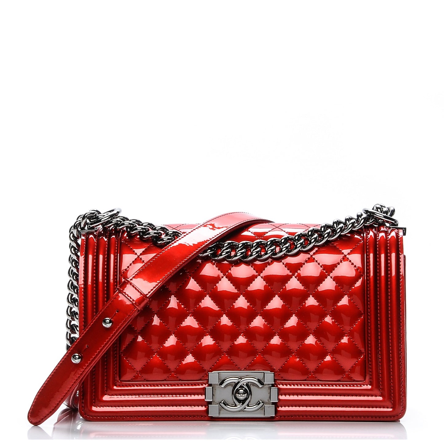 Metallic Patent Quilted Medium Boy Flap Red