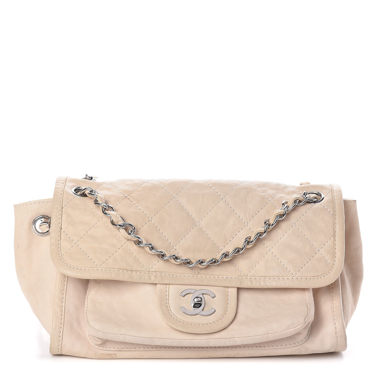 Calfskin Quilted Flap Shoulder Bag Light Beige