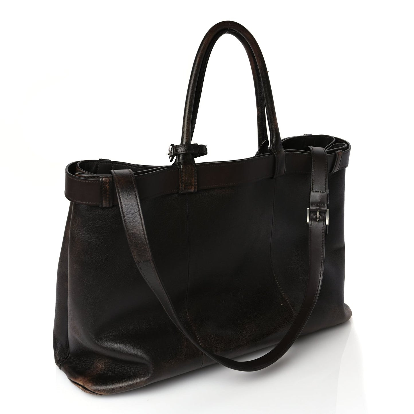 Nappa Vintage Effect Large Buckle Bag With Belt Dark Brown