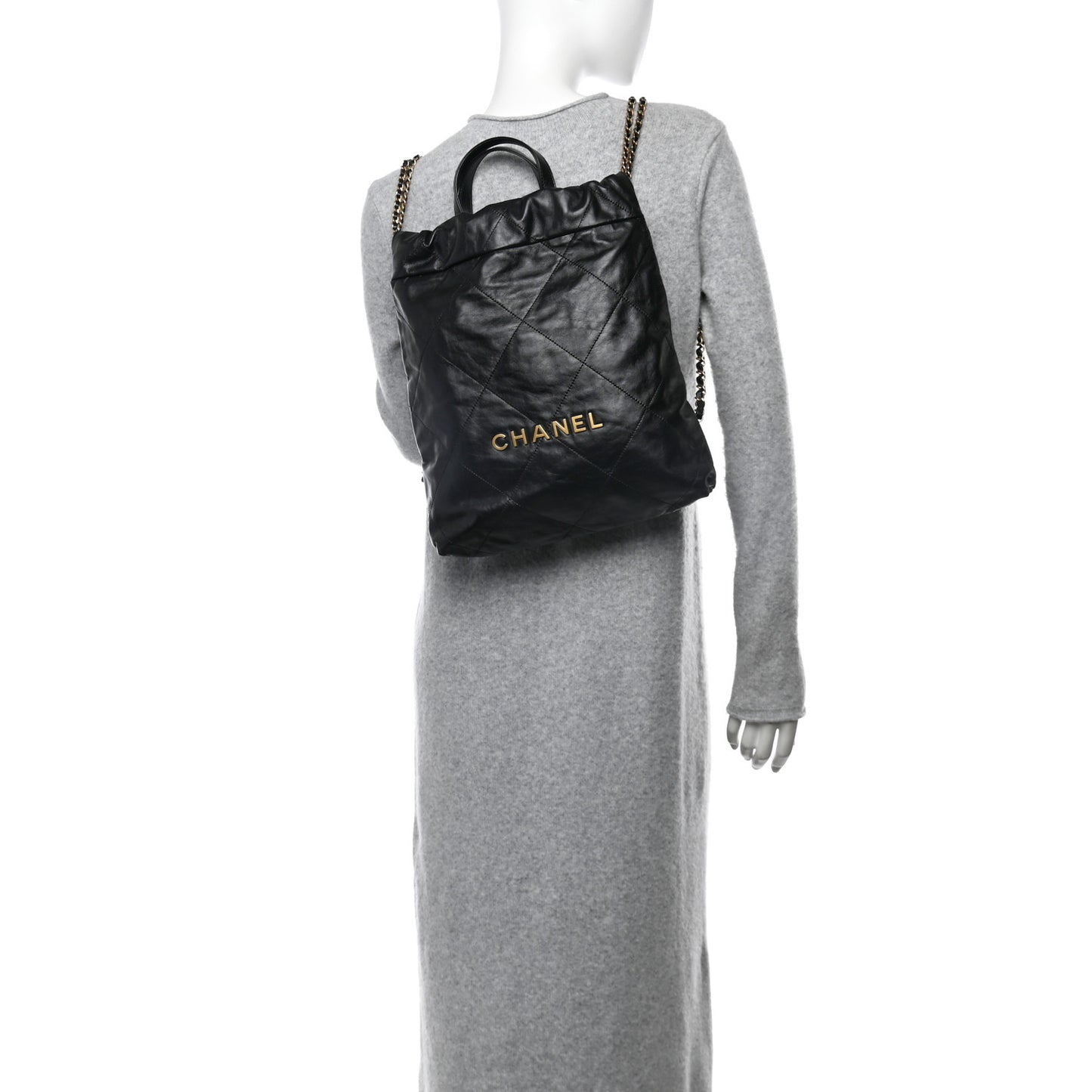 Shiny Calfskin Quilted Chanel 22 Backpack Black