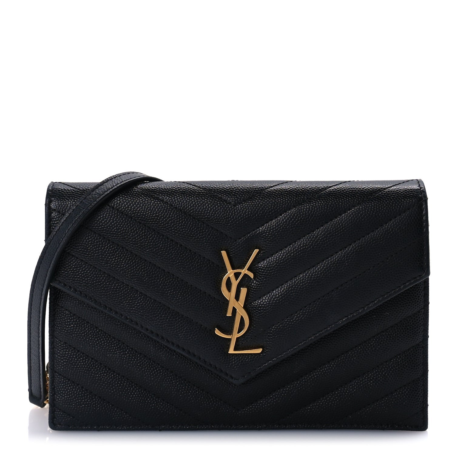 Saint Laurent Grain De Poudre Matelasse Chevron Monogram Envelope Chain Wallet Black 1 of 8