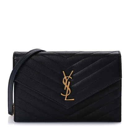 Saint Laurent Grain De Poudre Matelasse Chevron Monogram Envelope Chain Wallet Black 1 of 8