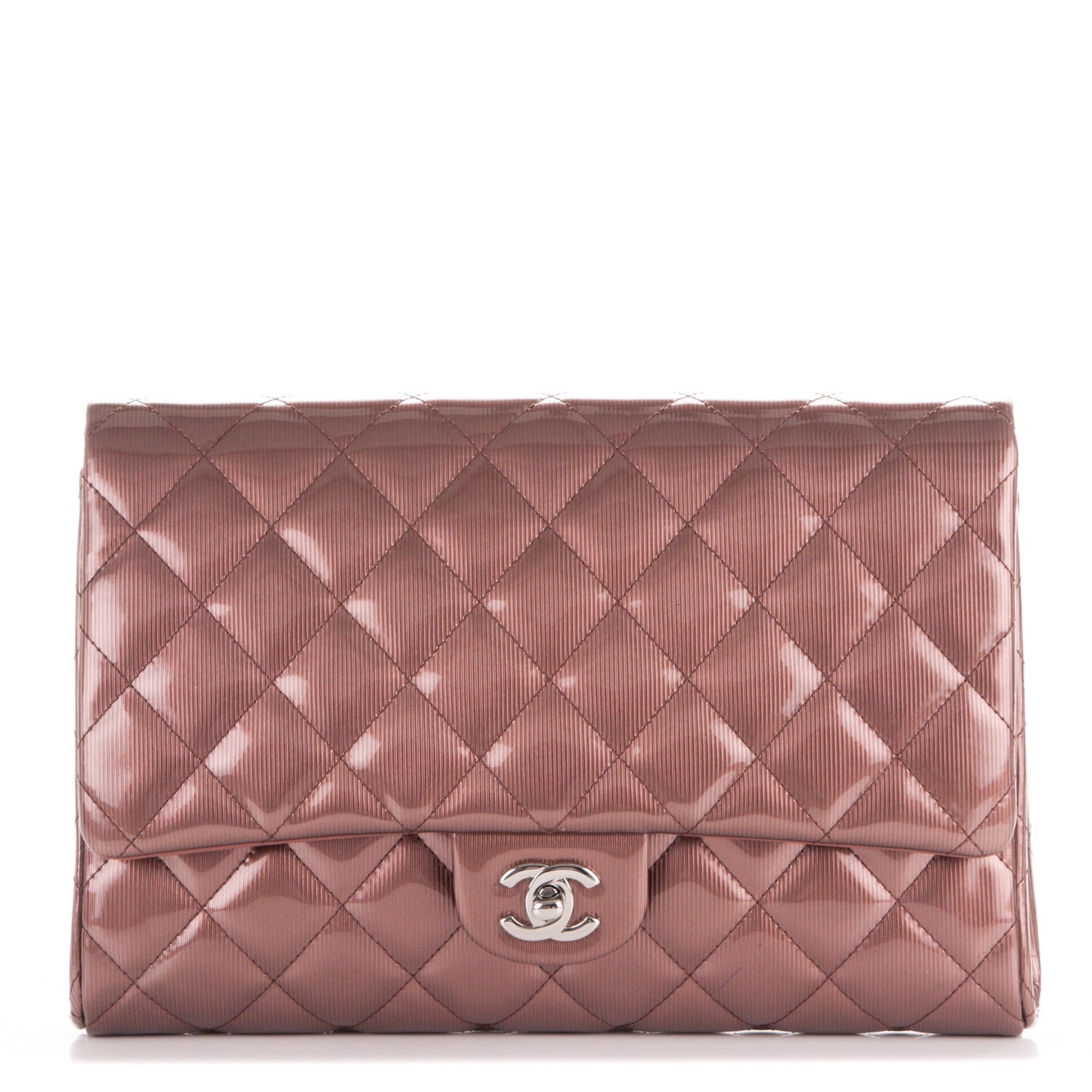 Chanel Striated Patent Quilted Clutch With Chain Flap Dark Pink 1 of 8