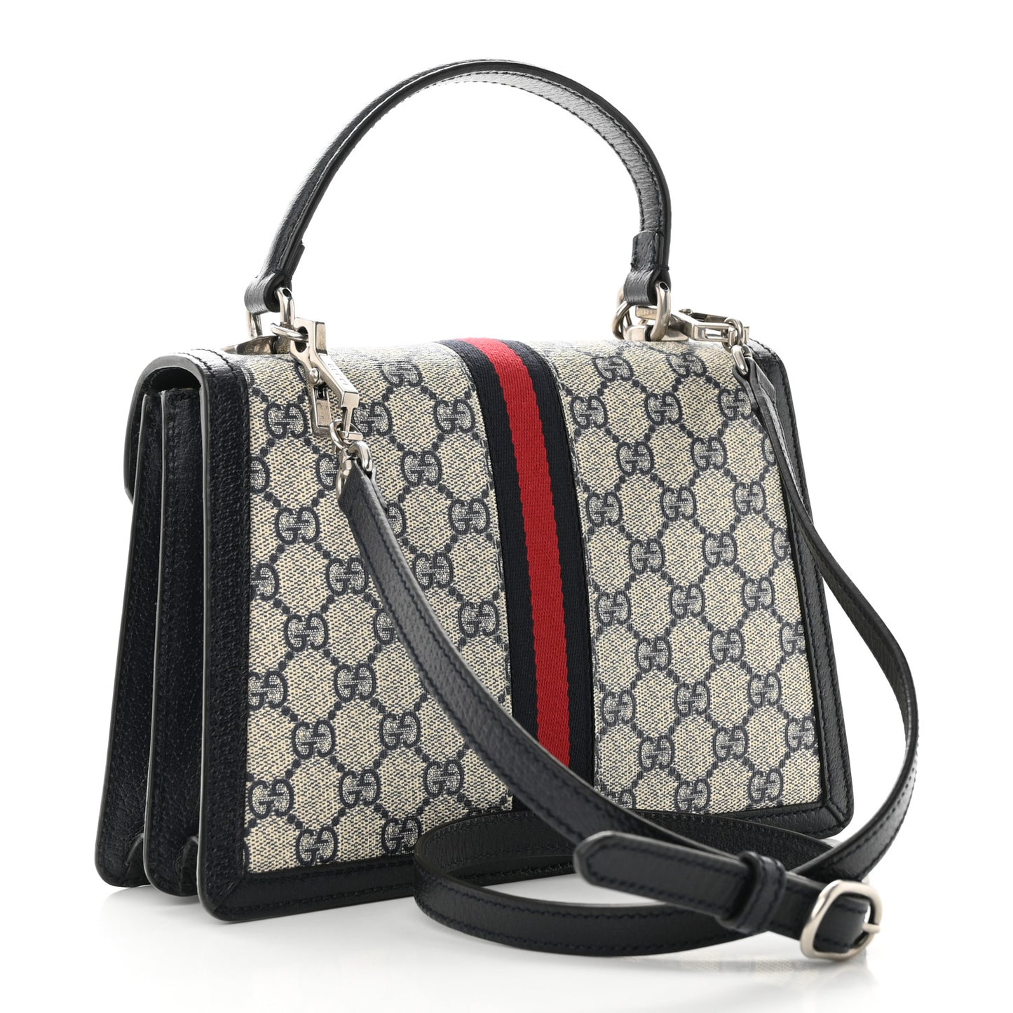 GG Supreme Monogram Textured Dollar Calfskin Web Small Ophidia Padlock Top Handle Bag Beige Blue