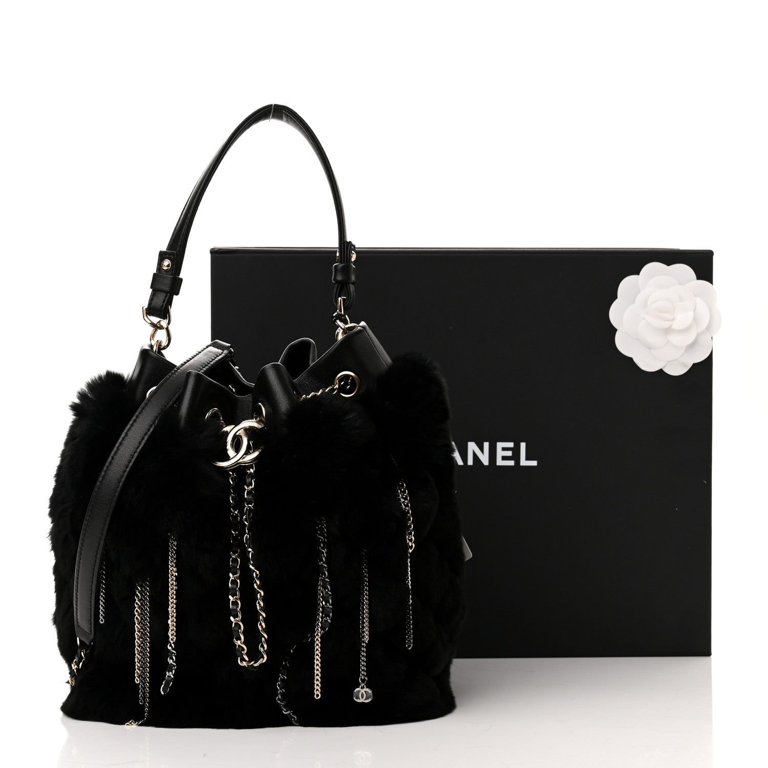 Chanel Fur Chain Drawstring Bucket Bag Black 11 of 11
