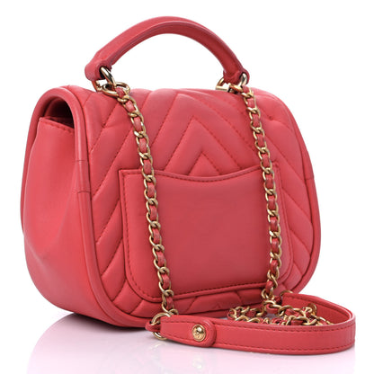 Chanel Lambskin Reverse Chevron Quilted Mini Round Top Handle Flap Bright Pink 3 of 17