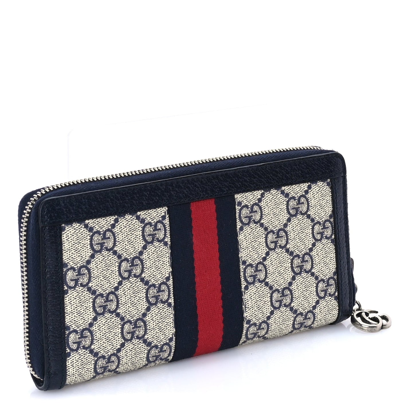 GG Supreme Monogram Textured Dollar Calfskin Web Ophidia Zip Around Wallet Beige Blue