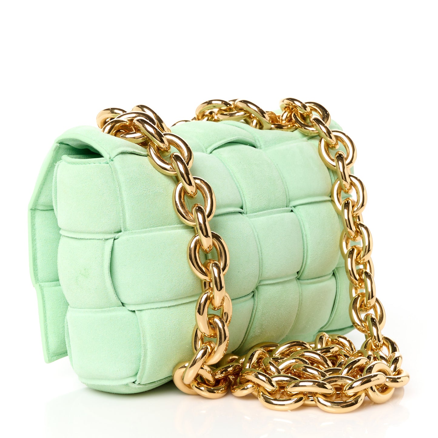 Suede Maxi Intrecciato Padded Chain Cassette Crossbody Bag Wasabi