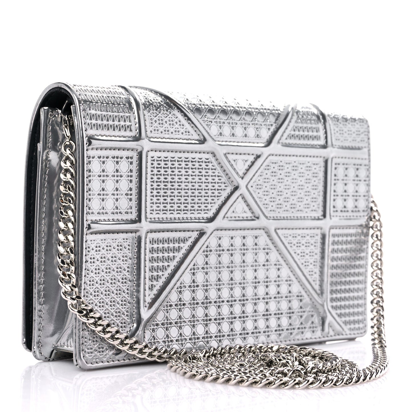 Metallic Patent Micro-Cannage Diorama Wallet on Chain Pouch Silver