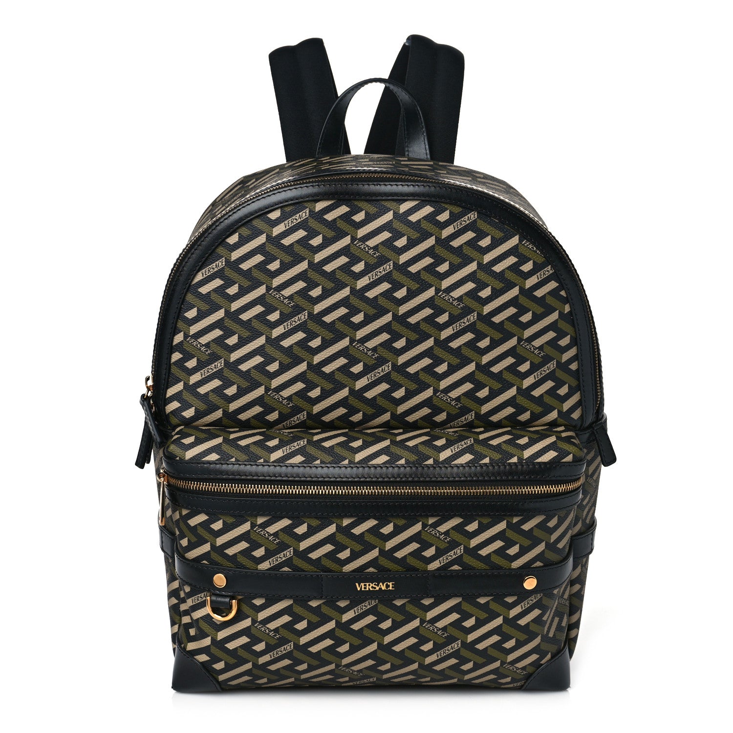 Versace Coated Canvas Calfskin La Greca Signature Backpack Black Khaki 1 of 9