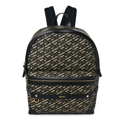 Versace Coated Canvas Calfskin La Greca Signature Backpack Black Khaki 1 of 9