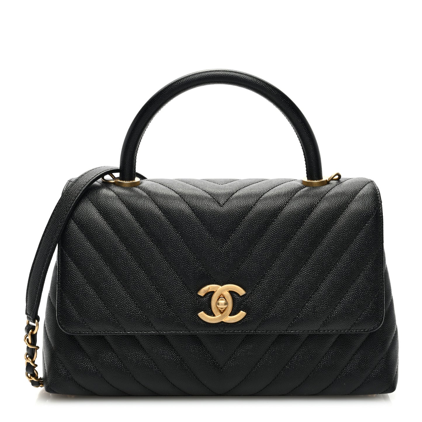 Caviar Chevron Quilted Small Coco Handle Flap Black