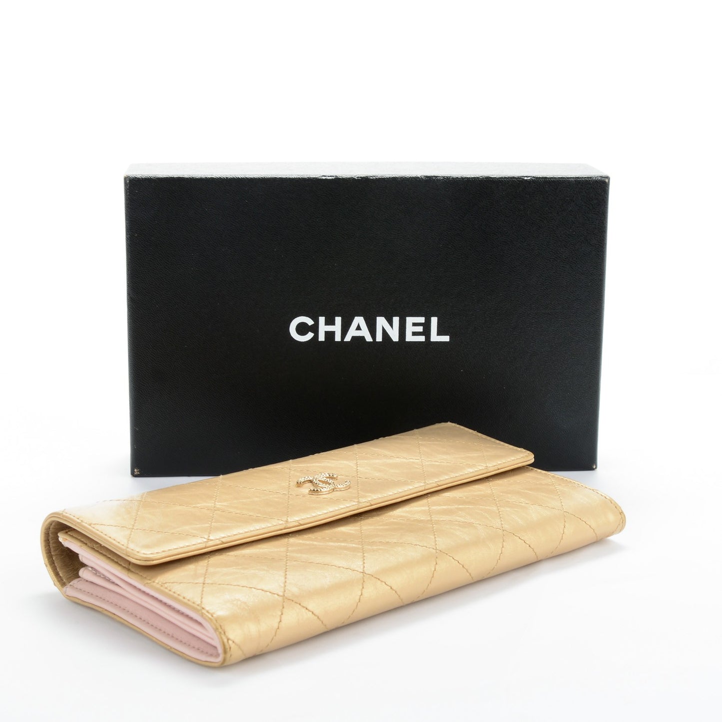 Aged Metallic Calfskin Quilted Large Palette Flap Wallet Gold