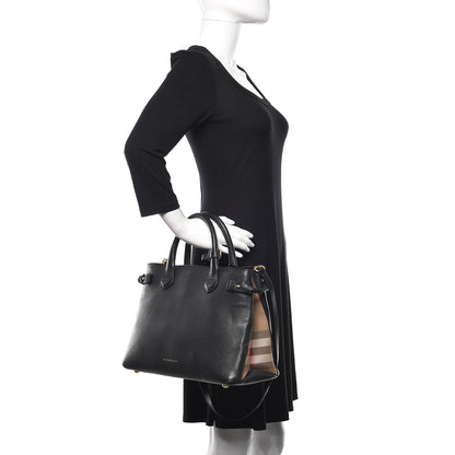 Burberry Grainy Calfskin House Check Medium Banner Tote Black 2 of 16