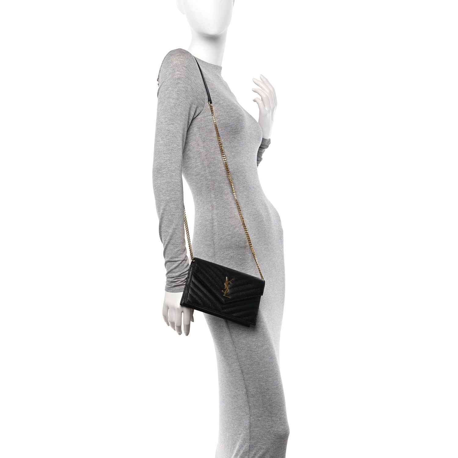 Saint Laurent Grain De Poudre Matelasse Chevron Monogram Chain Wallet Black 2 of 10