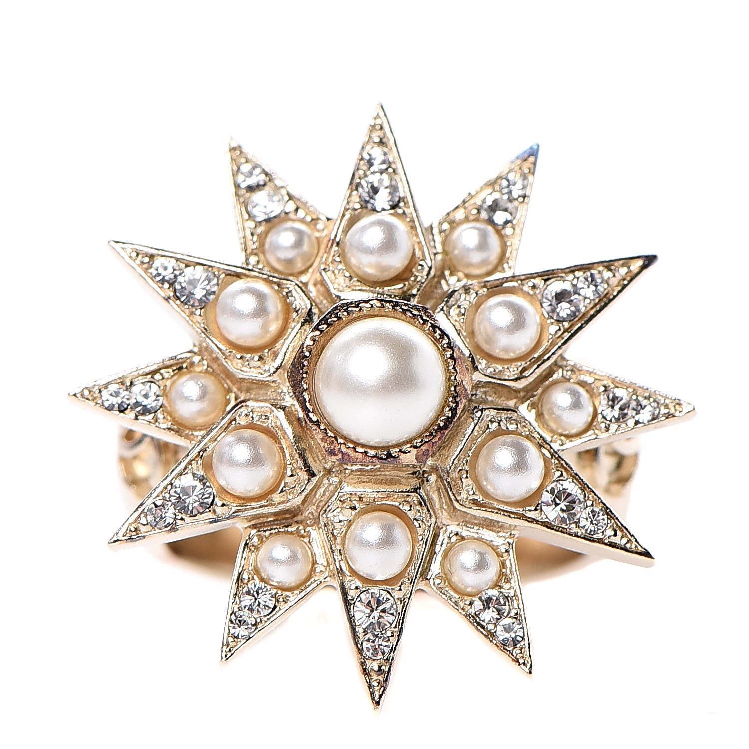Chanel Crystal Pearl Star CC Ring 6.25 Gold 1 of 8