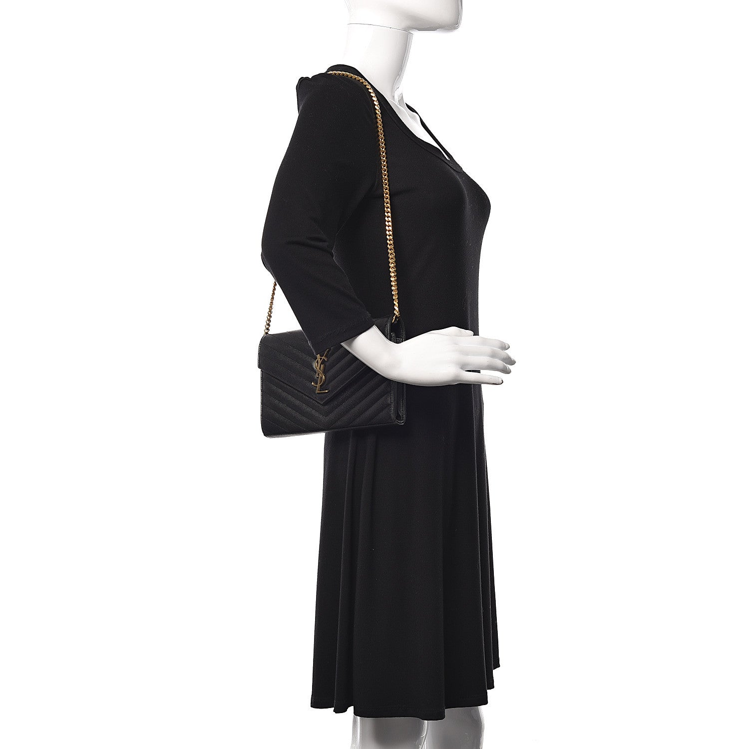 Saint Laurent Grain De Poudre Matelasse Chevron Monogram Envelope Chain Wallet Black 2 of 12