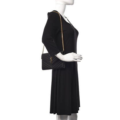 Saint Laurent Grain De Poudre Matelasse Chevron Monogram Envelope Chain Wallet Black 2 of 12