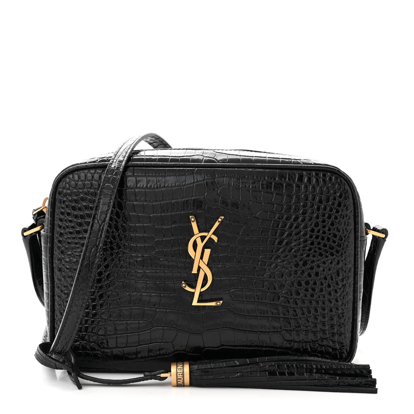 Patent Calfskin Crocodile Embossed Monogram Lou Camera Bag Black