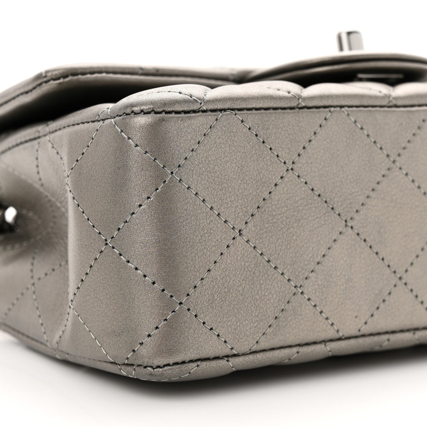 Metallic Lambskin Quilted Mini Rectangular Flap Dark Grey