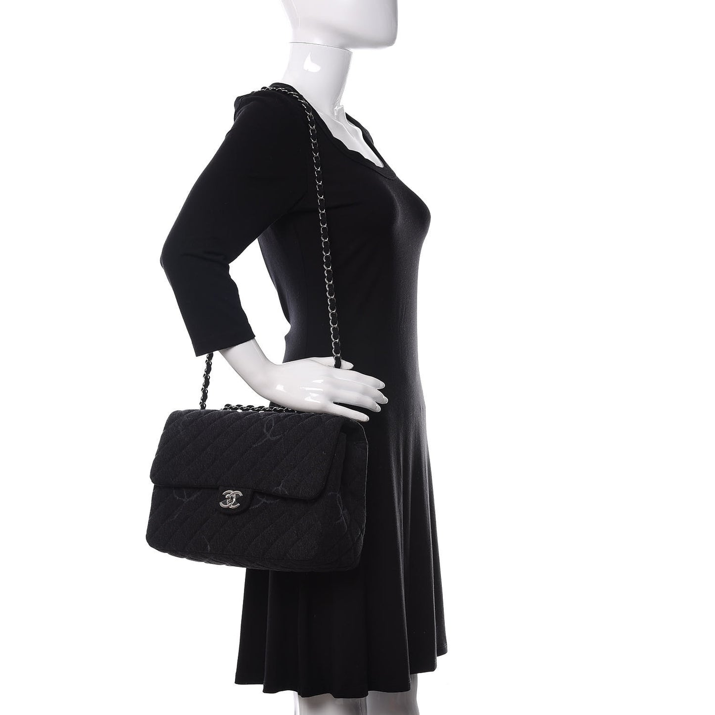 Denim Quilted CC Print Jumbo Single Flap Black