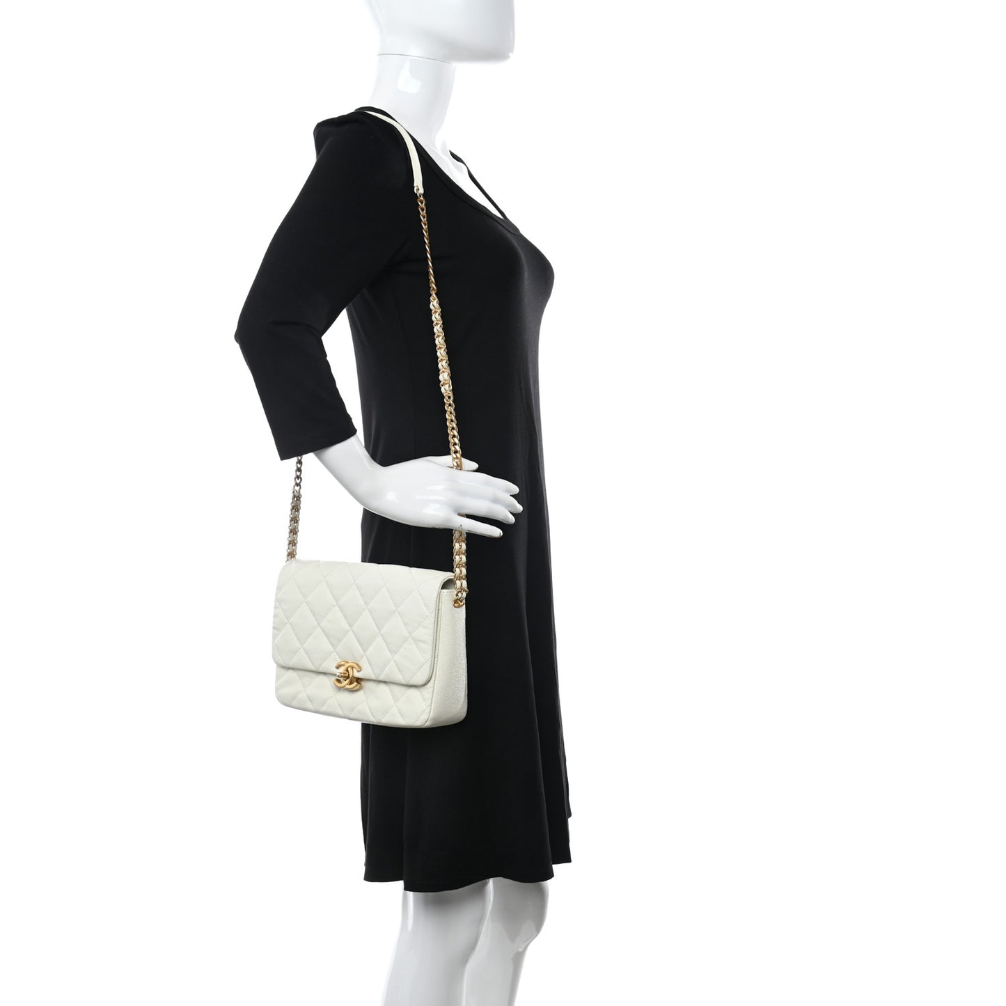 Shiny Caviar Quilted Large Chain Melody Flap White