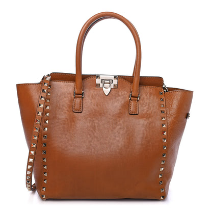 Valentino Garavani Textured Calfskin Rockstud Double Handle Tote Tan 1 of 9