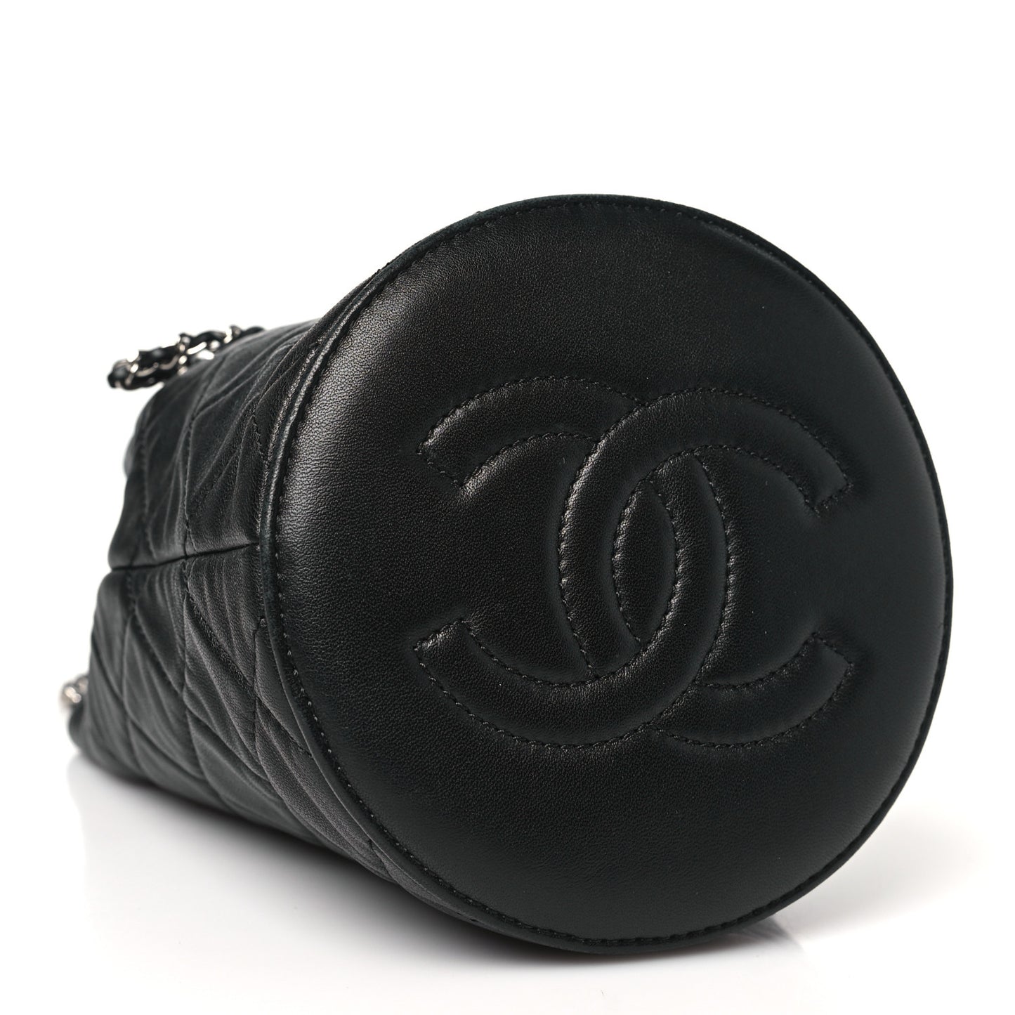 Lambskin Quilted CC Drawstring Bucket Bag Black