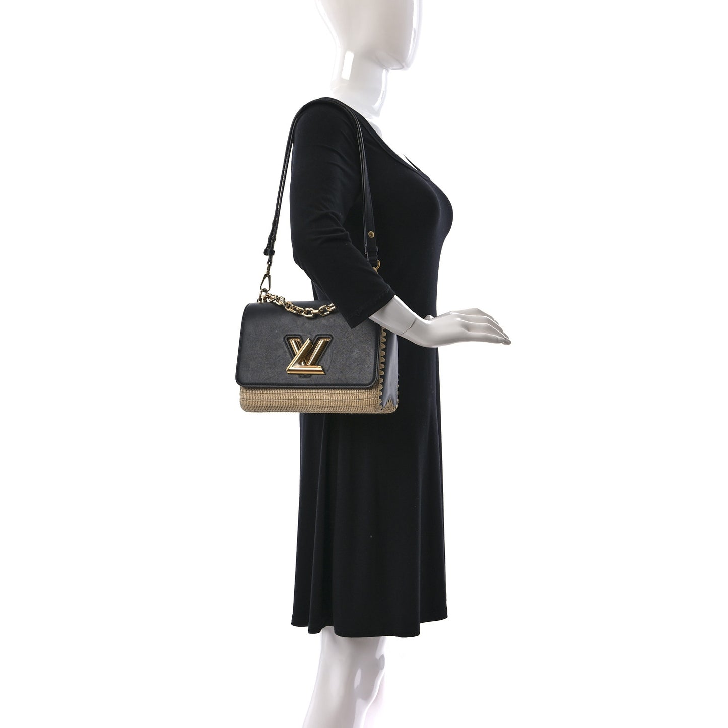 Calfskin Raffia Twist Shoulder Bag MM Black