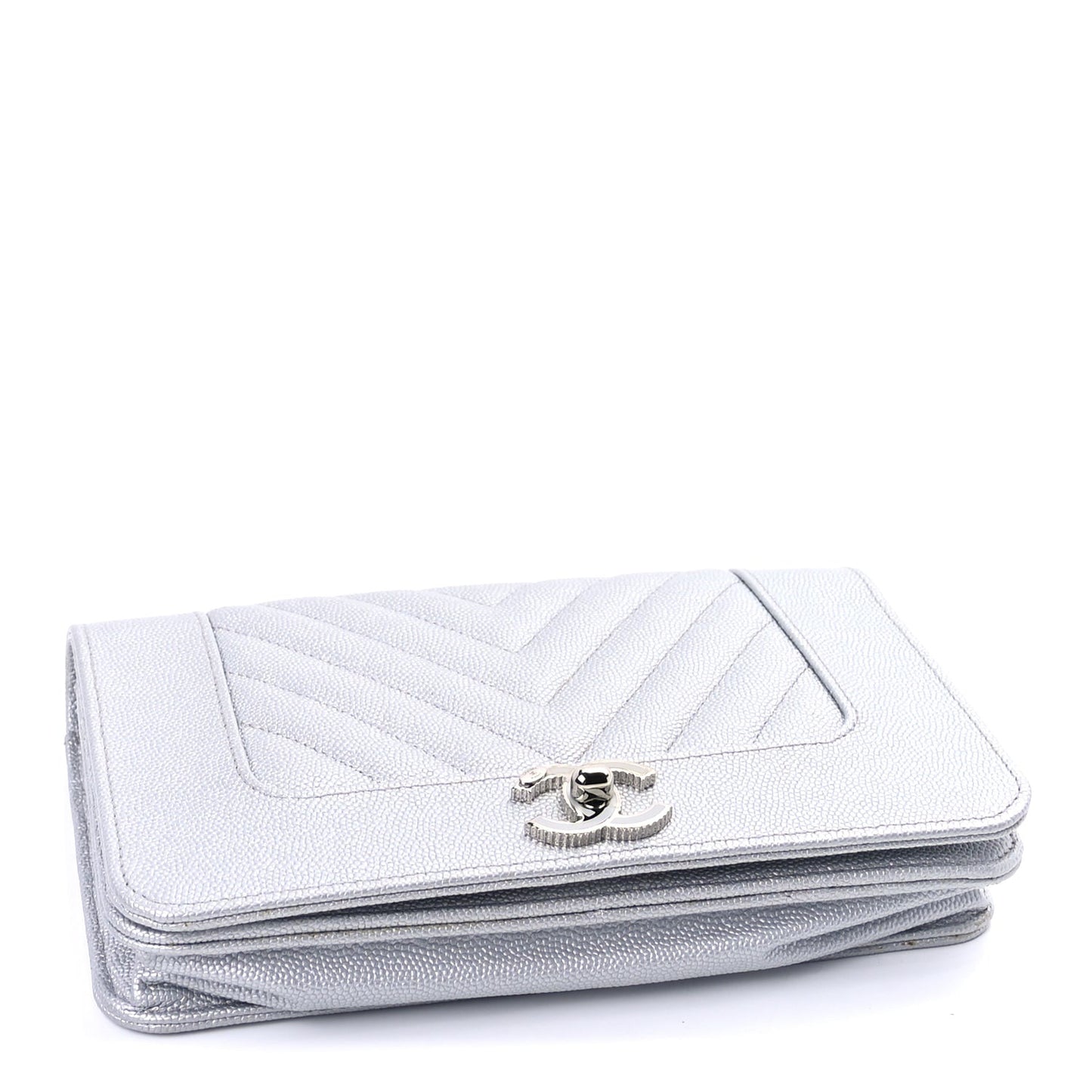 Metallic Caviar Chevron Quilted Vintage Mademoiselle Wallet On Chain WOC Silver