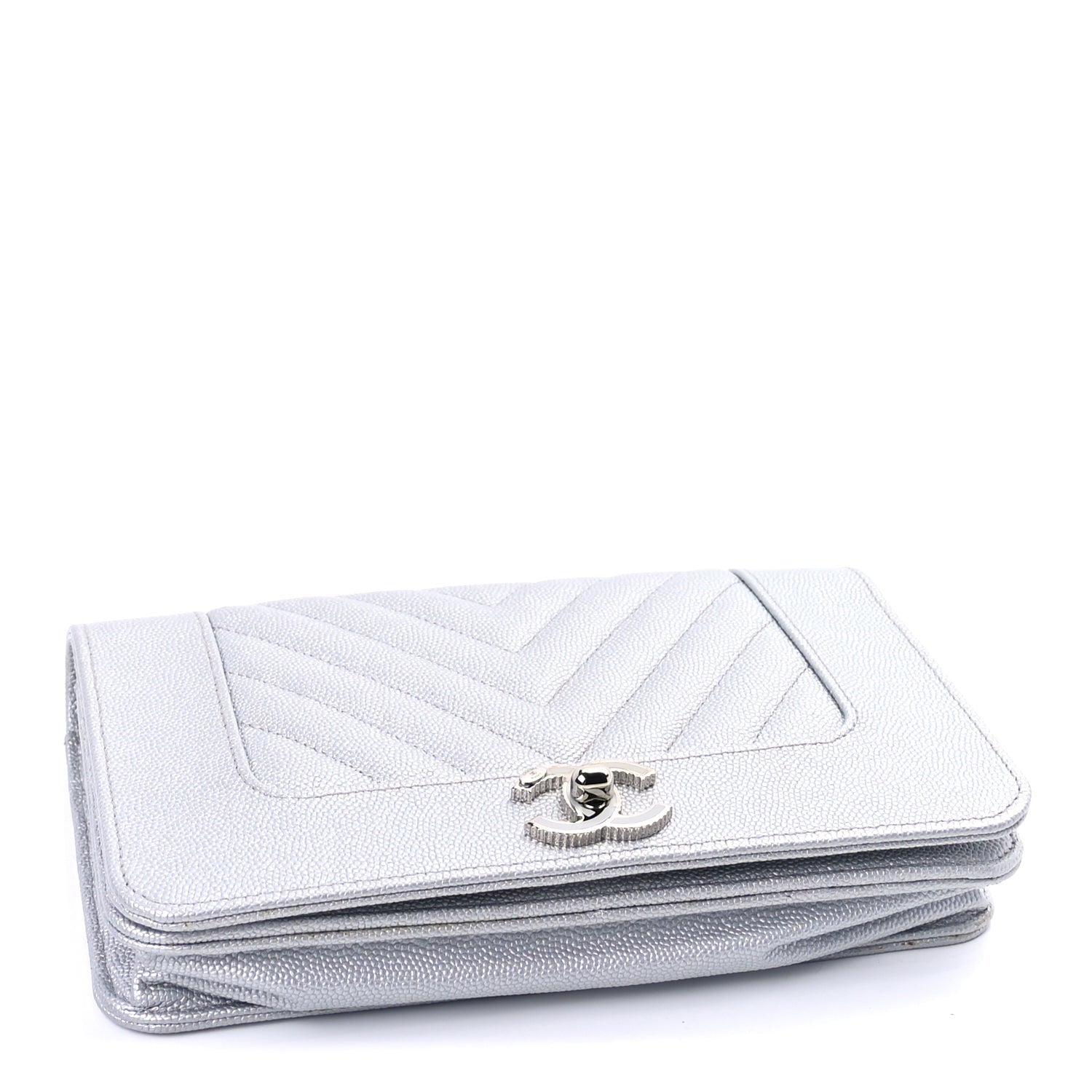 Chanel Metallic Caviar Chevron Quilted Vintage Mademoiselle Wallet On Chain WOC Silver 3 of 8