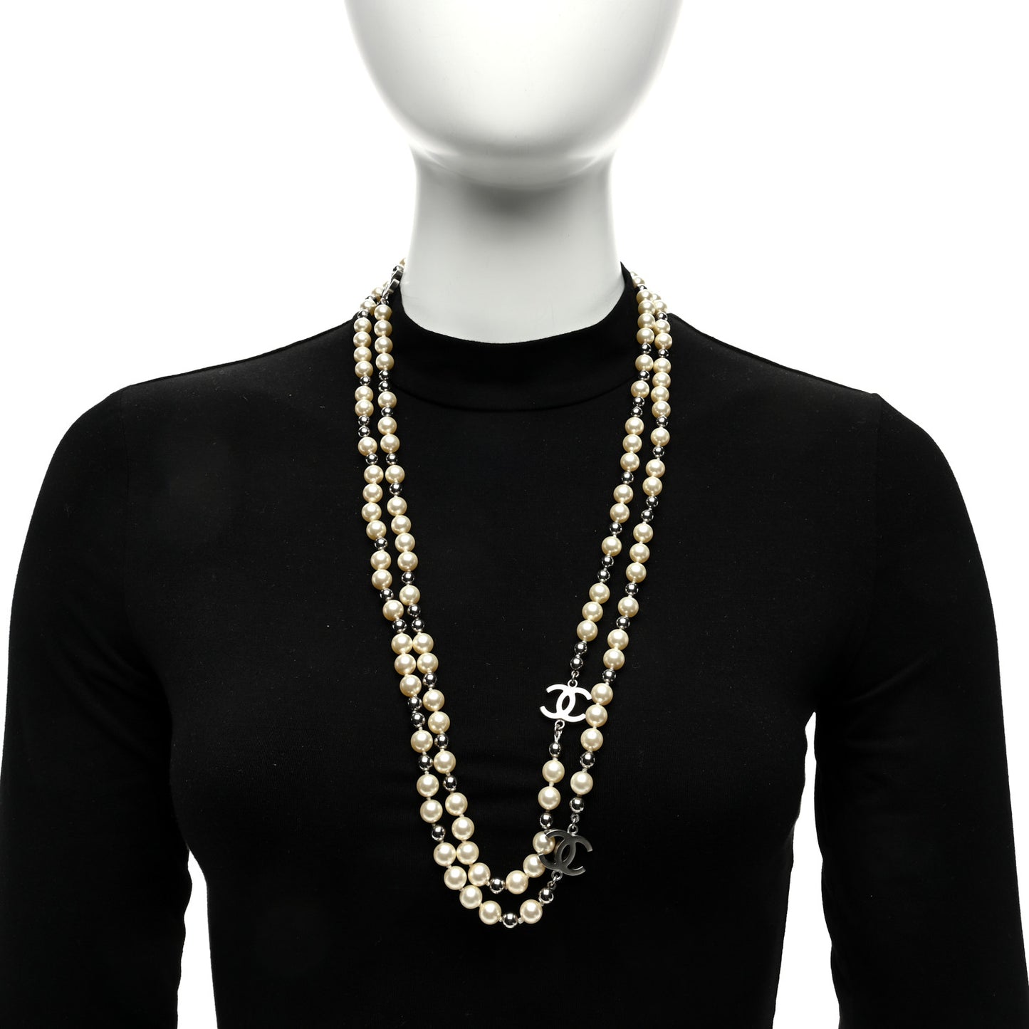 Pearl Bead CC Long Necklace Silver