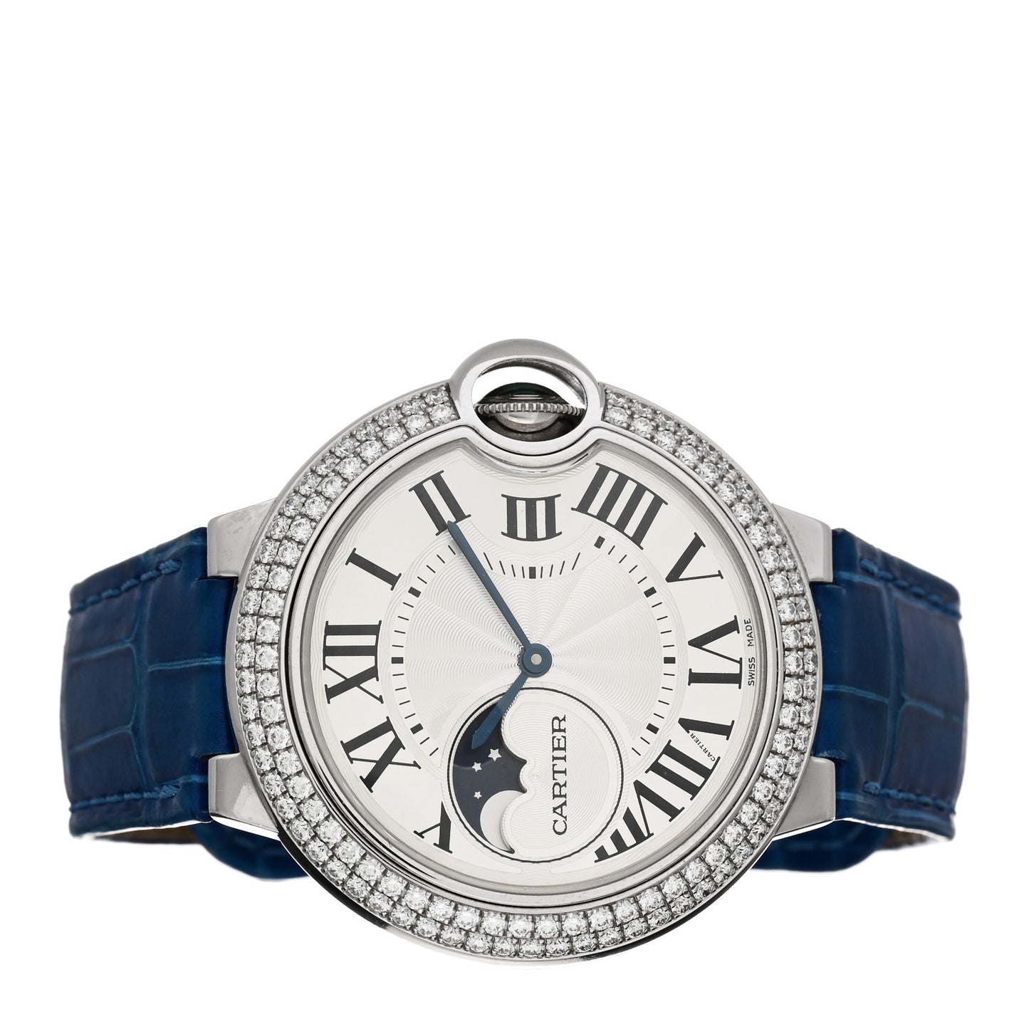 18K White Gold Diamond Pave Bezel 37mm Ballon Bleu De Cartier Moonphase Automatic Watch