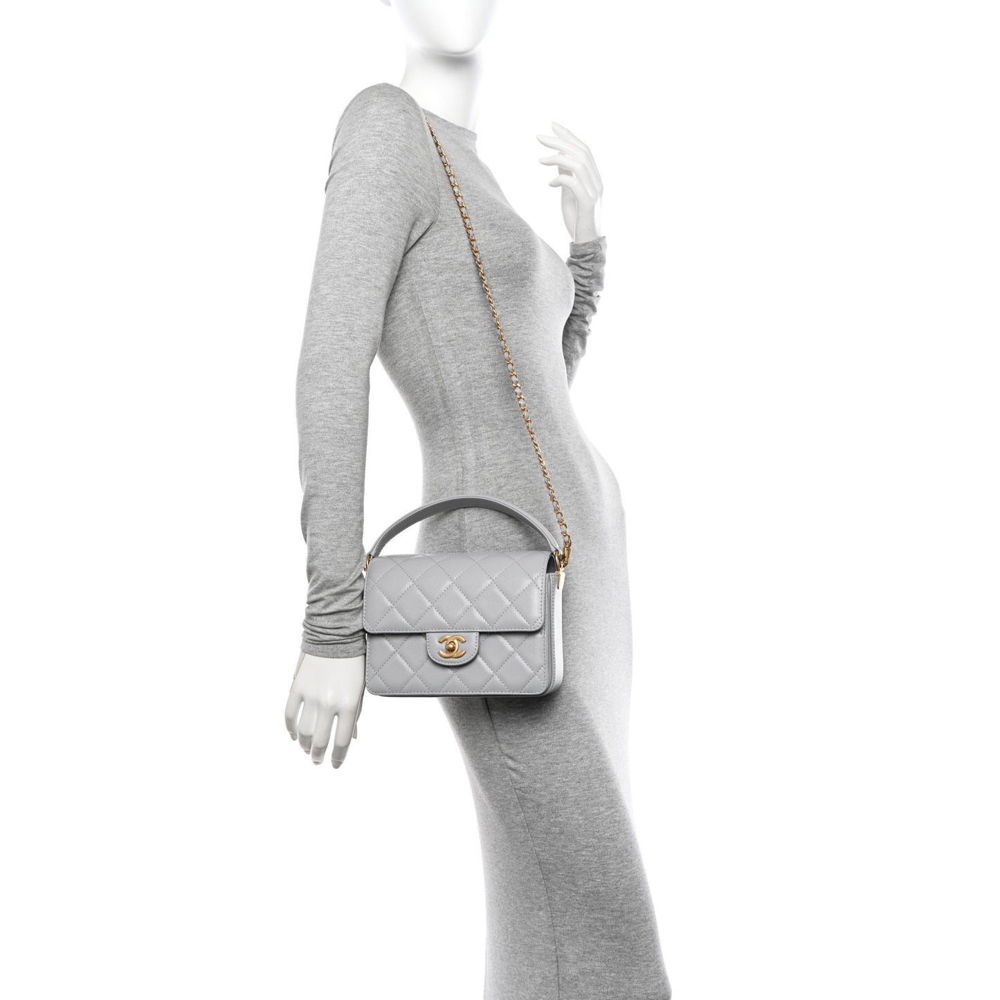 Shiny Caviar Quilted Mini Top Handle Flap Bag Grey