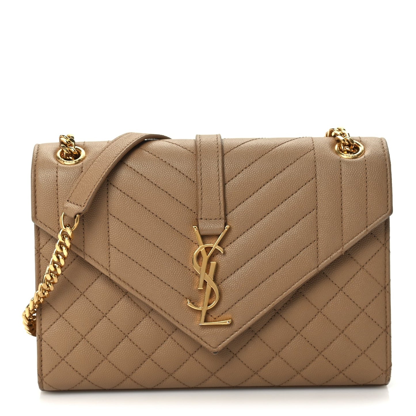 Grain De Poudre Textured Mixed Matelasse Triquilt Medium Monogram Envelope Chain Bag Dark Latte