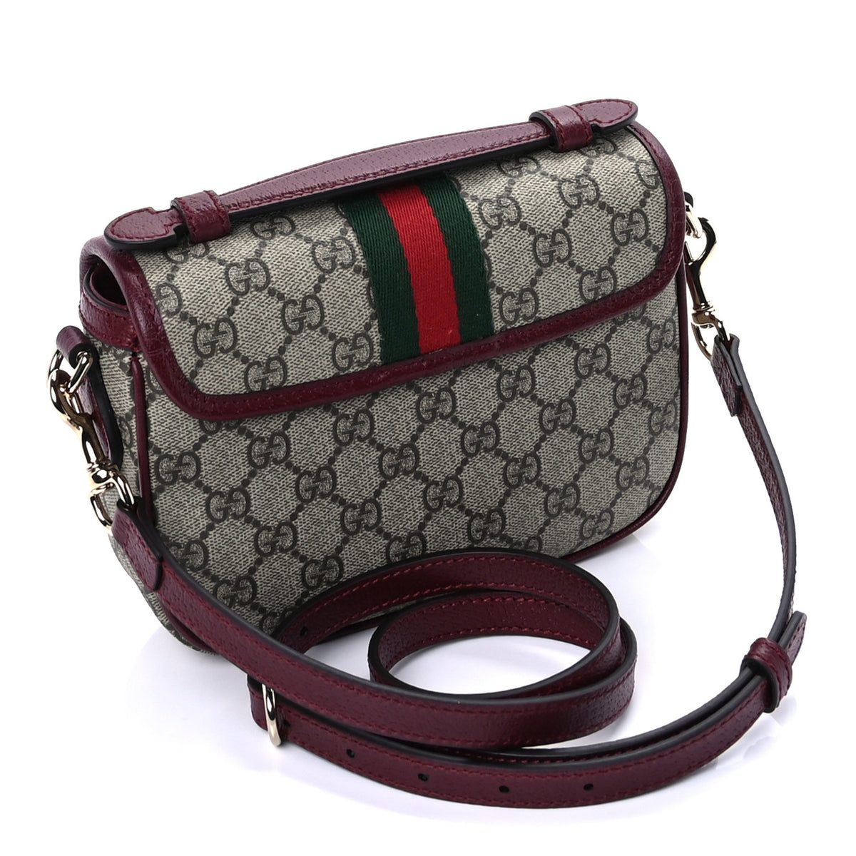 GG Supreme Monogram Textured Dollar Calfskin Small Ophidia Top Handle Shoulder Bag Beige Bordeaux