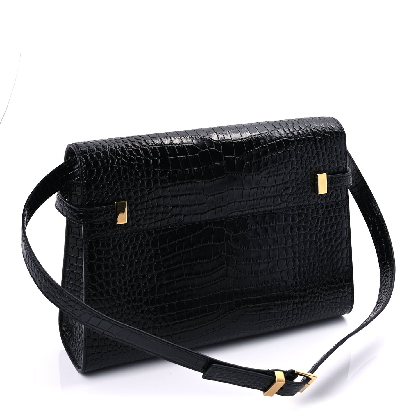 Shiny Calfskin Crocodile Embossed Manhattan Baguette Black Black