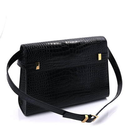 Saint Laurent Shiny Calfskin Crocodile Embossed Manhattan Baguette Black Black 2 of 7