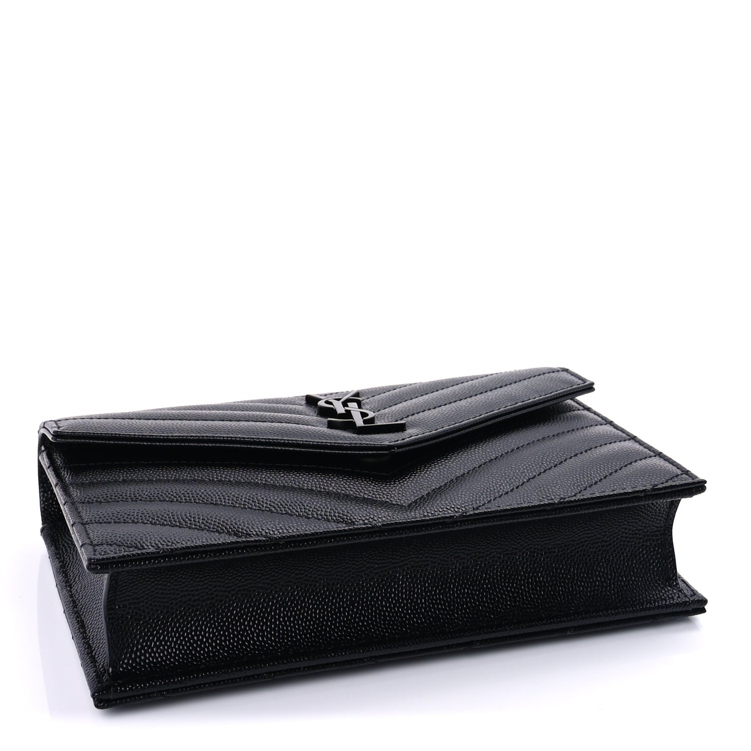 Saint Laurent Grain De Poudre Matelasse Chevron Monogram Monochrome Envelope Chain Wallet Black 3 of 8