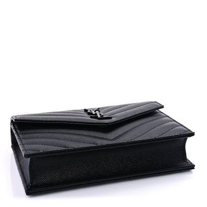 Saint Laurent Grain De Poudre Matelasse Chevron Monogram Monochrome Envelope Chain Wallet Black 3 of 8