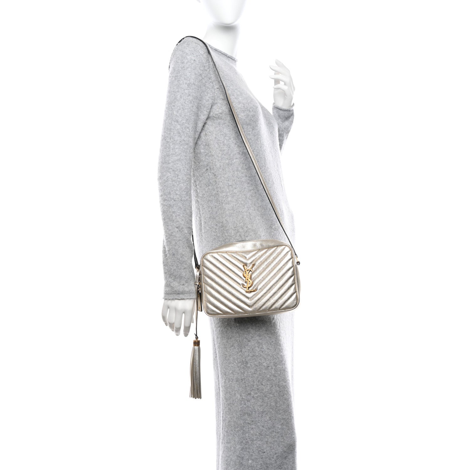 Saint Laurent Metallic Calfskin Matelasse Monogram Lou Camera Bag Platino 2 of 12