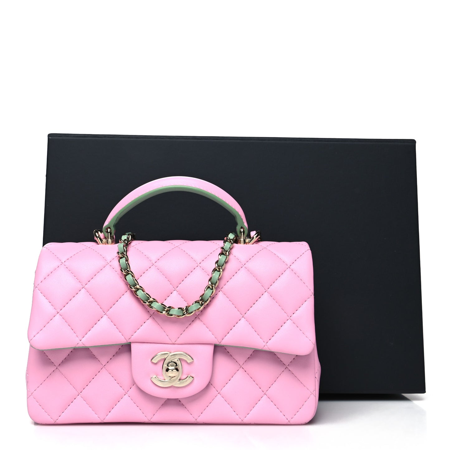 Lambskin Quilted Mini Top Handle Rectangular Flap Lilac Light Green