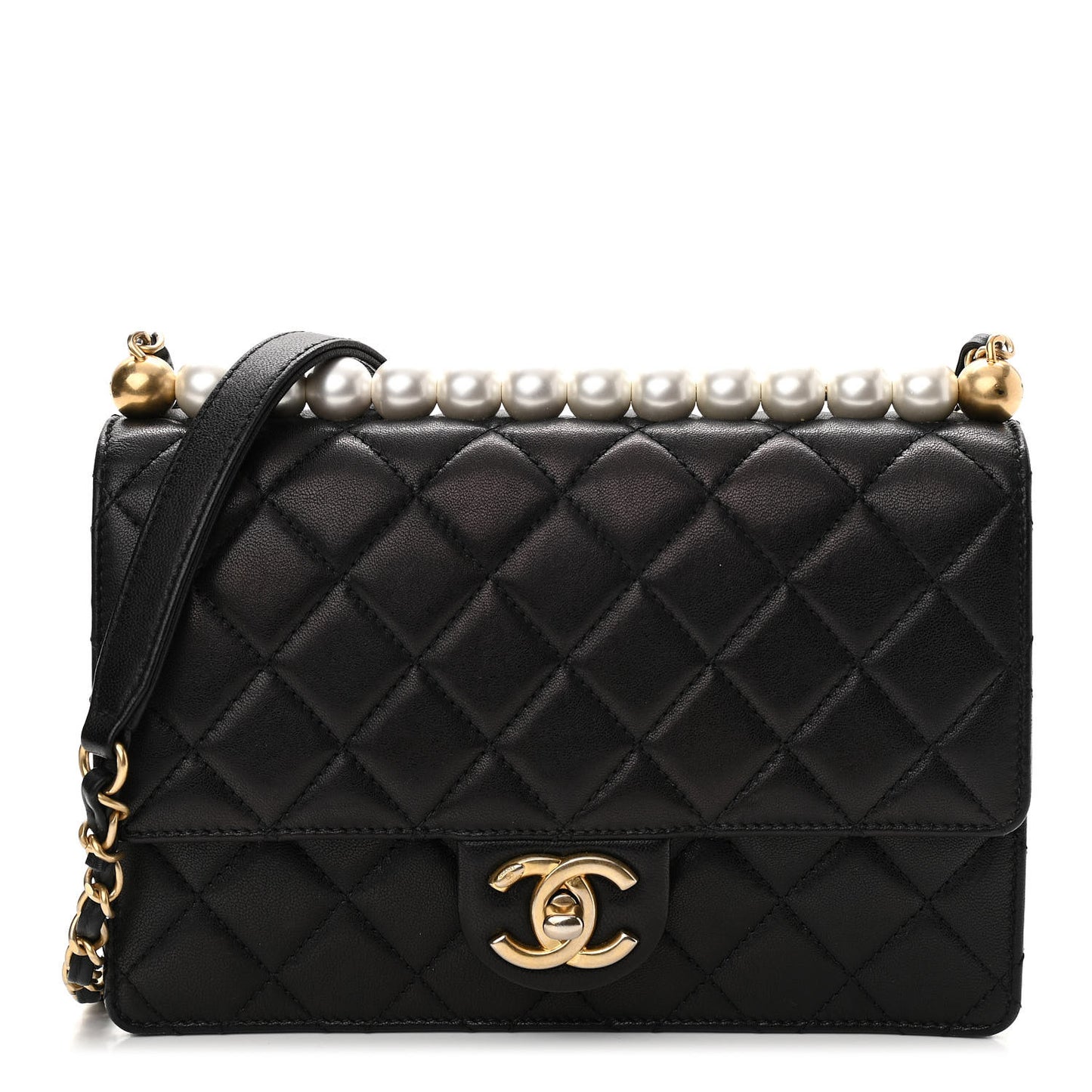 Lambskin Quilted Small Chic Pearls Flap Black